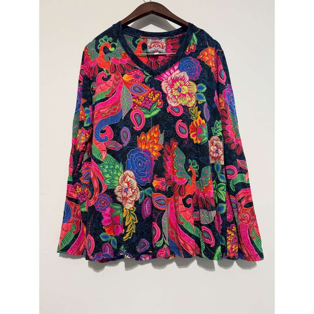 Johnny Was Janie Favorite Floral Print V-Neck Long Sleeve Top Multi Color L